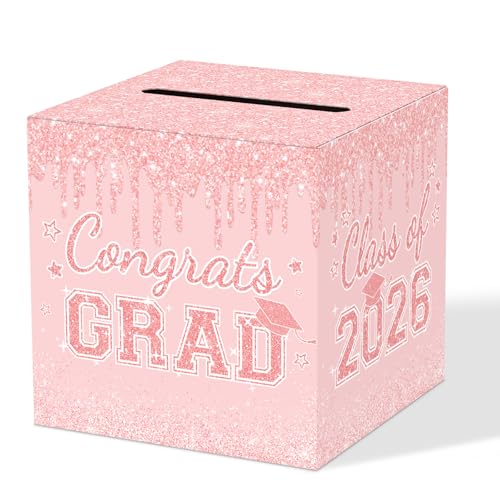 Image of Pink Graduation Congrats Card Box, 2026 Rose Gold Graduation Party Decorations Graduation Money Card Boxes Holder Graduation Gift Grad Parties 8.7 x 8.7 x 8.7 Inch
