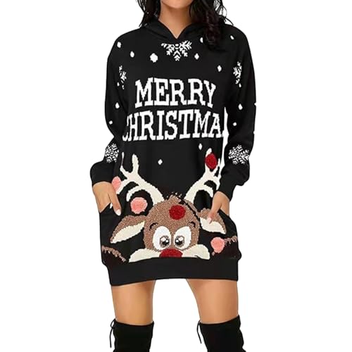 Weihnachtspullover Damen Lustig Weinglas Druck Oversize Kapuzenpullover Weihnachten Pullover Lang Merry Christmas Hoodie Kleid Schneeflocken...