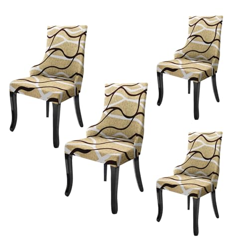 Image of House of Quirk Wingback American Side Chair Slipcover-Accent Chair Cover Slipcover with Arm,Washable Dining Chair with Nailed Trim Protector for Dining Living Room Pack of 4 (Beige Waves)