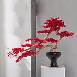Sztuczne drzewko bonsai, sztuczne czerwone liście, dekoracja doniczki, naturalne kamyki, ręcznie wykonane, ceramika, sztuczne zielone rośliny, do biura, rodziny i salonu