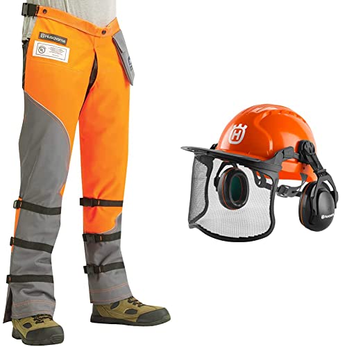 Husqvarna Chainsaw Protective Apron Wrap Chaps and Functional Pro Forest Chainsaw Helmet Bundle