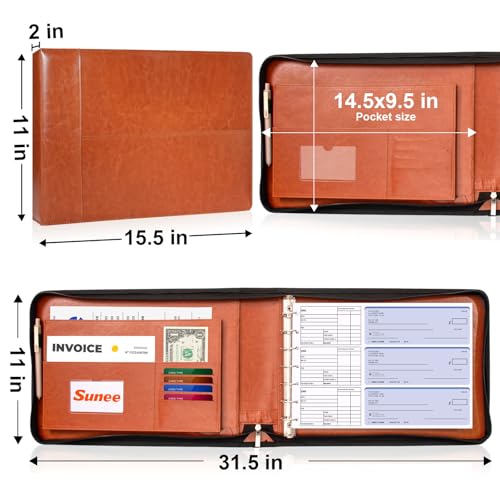 Image of SUNEE Zippered Business Checkbook Binder 7 Ring 1 Inch with Zipper for Business Checks (9 inch x 13 inch), PU Leather Check Binder Holds 600 Checks Capacity for Executive Supplies, Brown