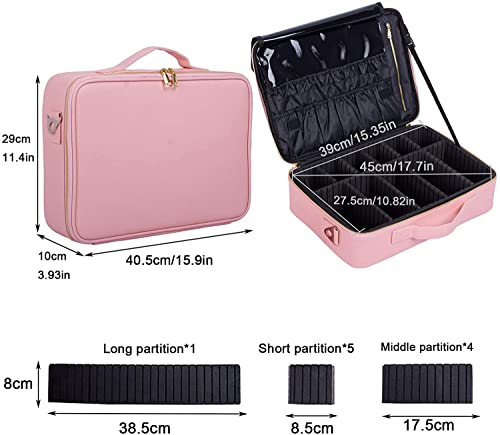 Image of Adson Large Makeup Bag 3 Layers Professional Train Cosmetic Bag Makeup Organizer Case Artist Storage Brush Box with Adjustable Dividers and Strap for Makeup Accessories (Rose Pink)