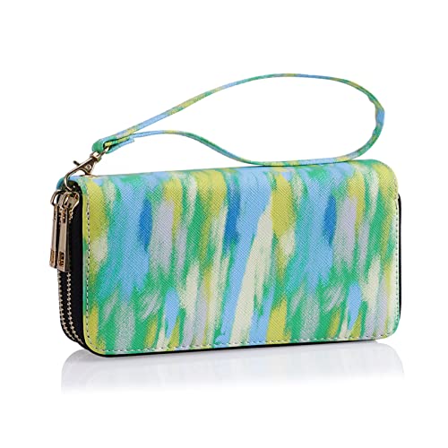 Carteira de celular longa com zíper duplo para mulheres com alça de pulso removível para cartão de crédito, dinheiro, moeda, conta, Azul + verde + amarelo