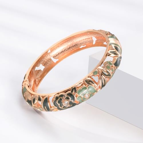 Image of UJOY Vintage Jewelry Cloisonne Handcrafted Flower Enameled Gorgeous Rhinestone Hinged Cuff Bracelet Bangles Gifts 88A10
