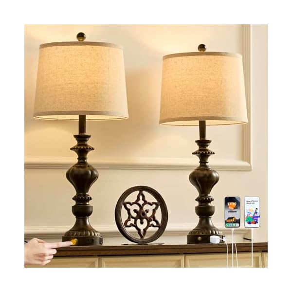 275 farmhouse table lamps set of 2 bedside lamp with usb ca ports ac outlet 3 way dimmable touch lamps for living room bedroom office hallway rustic nightstand traditional lamp  urban country home decor