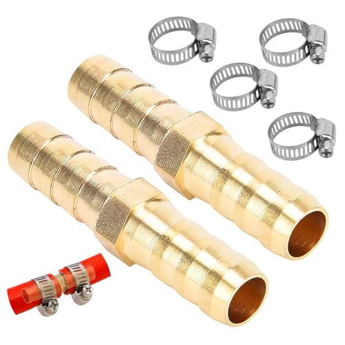 Conector de Tubería de Latón 8mm (Juego de 2) con 4 Abrazaderas de Tubería de Acero Inoxidable,Empalme Manguera,Conector Manguera,Ideal para Agua, Combustible y Aire