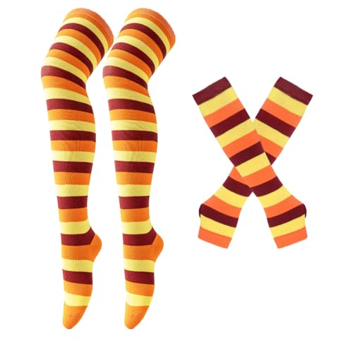 Image of SherryDC Womens Girls Cosplay Rainbow Striped Knee High Socks Leg Arm Warmer Fingerless Gloves Set