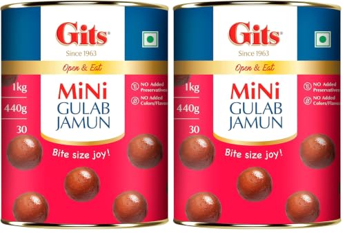 Image of Gits Open & Eat Mini Gulab Jamun, 30 Pieces Per Can, Mouth-Watering Indian Mithai, 1Kg (Pack of 2)