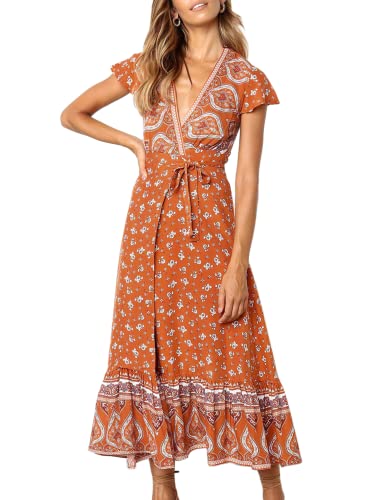 Image of ZESICA Women's 2025 Bohemian Floral Printed Wrap V Neck Short Sleeve Split Beach Party Maxi Dress,Tangerine,XX-Large