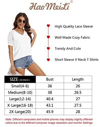Haomeili Women’s Short Sleeve V Neck Tops Lace Shirt Casual Loose T Shirtss M White #TOP6