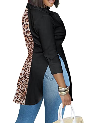 Image of LYANER Women's Collar Neck Long Sleeve Button Down Shirts Sexy Split Hem Tops Long Blouse Shirt Dress
