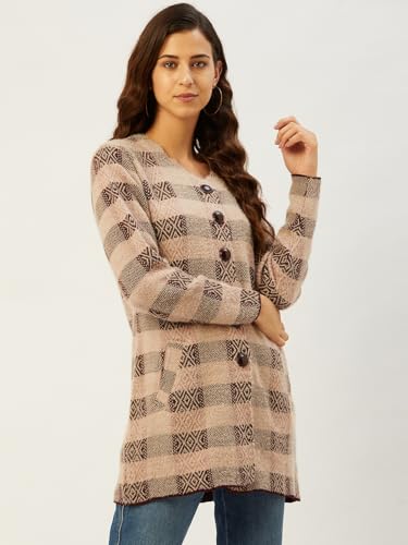 Image of Pivl Acrylic Blend Women Pink Button Closure Long Round Neck Sweater For Winter XL