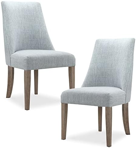 Martha Stewart Winfield Upholstered High Back Accent Dining Chairs Set of 2, Padded Seat, Solid Wood Legs, Chambray Jacquard Textured Fabric, Cottage, Farmhouse for Kitchen, Room, Light Blue