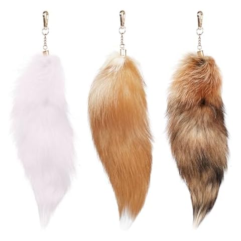Bonlting 3 Pcs Supper Huge and Fluffy Real Fox Fur Tail Keychain Faux Fur Tail Pendant Handbag Accessories Hook Tassels Cover