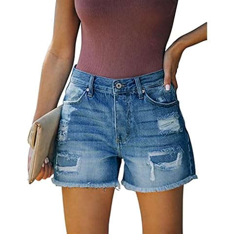 KISSMODA Denim Shorts Women Frayed Distressed Stretch Jeans Retro Basic Summer Mom Short Blue Cover