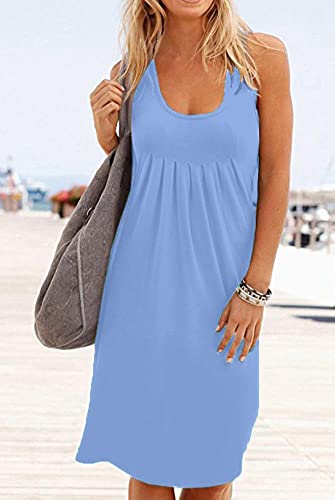 Image of Camisunny Women Casual Loose Tank Dresses Sleeveless Beach Vacation Dress Swing Pleated U Neck Fashion Soft