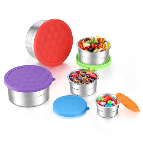 E-far Stainless Steel Food Containers with Lids Set of 5, Round Snack Containers for Kids Toddlers Adults, Metal Food Storage Box for School Lunch,...