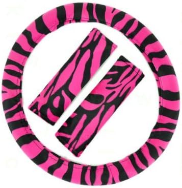 Safari Animal Print Steering Wheel Cover and Shoulder Belt Pads - Hot Pink Zebra