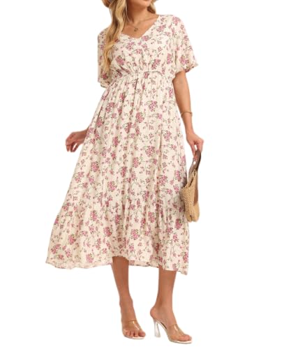 Image of Women's Summer Short Sleeve Maxi Floral Flowy Dresses with Pockets