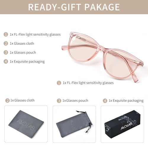 Image of Indoor FL-Flex Fluorescent-41 Light Pink Tinted Blue Light Blocking Glasses Cat Eye Migraine Light Sensitivity Glasses Photophobia Fluorescent LED Glare Women AB3311(Grey Frame Light Rose Lens)