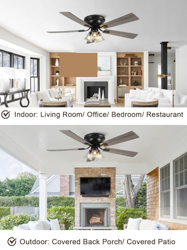 Image of 52 Inch Vintage Ceiling Fan with Lights Flush Mount Chandelier Ceiling Fan Indoor Farmhouse Rustic Chandelier Low Profile Antique Fandelier, 3 LED Light Bulbs Base, for Bedroom Living Room