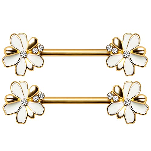 Piercing de acero 316L oro 14G con flores blancas de circonita para oreja