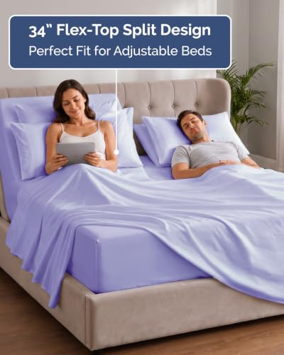 Image of Extra Deep Flex Top Split Head King Sheet Set - 6 Piece Breathable and Cooling Sheets - Hotel Luxury Bedding for Women, Men, Kids & Teens - Easy Secure Fit - Extra Deep Pockets - Lavender