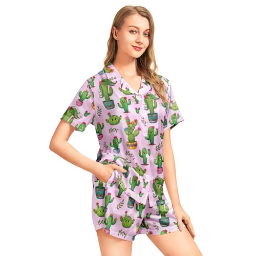 Image of Funny Pajamas for Women Set Print Satin Loungewear Pjs Short Sleeve Button Down Top and Shorts Sets Sleepwear XS-3XL