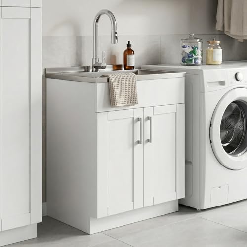 Image of SIMPLIHOME Modern Wide Shaker 28 inch Wide Stainless Steel Sink Laundry Cabinet | Transitional laundry cabinet with a high-arch chrome faucet for laundry rooms; Modern Wide Shaker utility sink or wash tub.