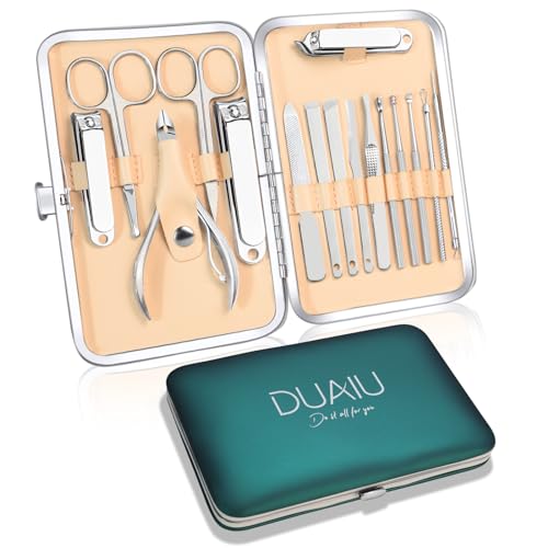 DUAIU Set de Manicura y Pedicura,16 Piezas Kit Manicura Profesional kit de uñas, Set Manicura ​de Acero Inoxidable para Hombre Muje Kit de Cuidado de UñAs con Estuche de Viaje