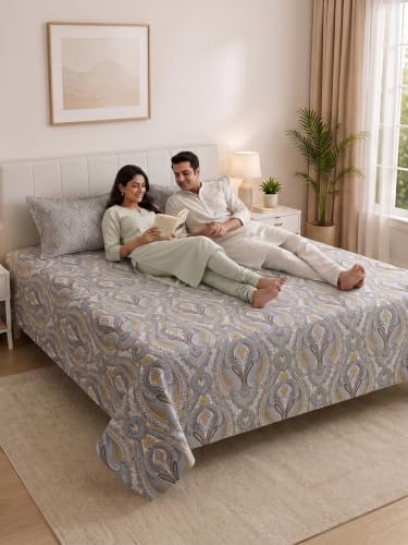 Image of Mafatlal 130 GSM Pearl Double Bedding Set with 2 Coordinated Pillow Covers | 90 x 100 Inch | Soft Brushed Microfiber | Wrinkle Resistant, Breathable, All Season Sleeping Comfort | Grey-Gold