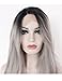 K'ryssma Ombre Gray 2 Tones Synthetic Lace Front Wig Dark Roots Long Natural Straight Silver Grey Replacement Hair Wigs For Women Heat Resistant Hair Half Hand Tied 22 inch