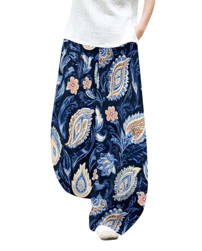 Womens Floral Print Lounge Wide Leg Pants Loose Elastic Waist Summer Fashion Plus Size Trousers with Pockets