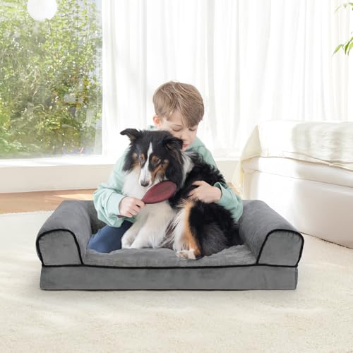 Growaystory Hundebett orthopädisches Hundesofa Hundecouch mit eierförmiger Ergonomischer Kistenschaum waschbar rutschfest (76x51x18CM, 3-seitiger Umrandung)
