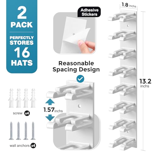 Hat Organizer for Baseball Caps Wall, 2 Pack Hat Holder for Closet Door Hold up to 16 Hats,Hat Hook with Adhesive and 8 Screws, Hat Hanger Cap Holder Hat Hangers for Wall Closet Door Bedroom(A-White) - image 6