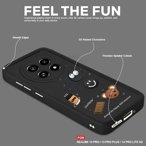Image of AESTMO Back Case Cover for Realme 13 Pro /Pro Plus / 14 pro Lite 5G | Cute Fun Cartoon 3D Ball | Coffee Silicone Case | Full Body Protection | Camera Protection Back Cover (Black)