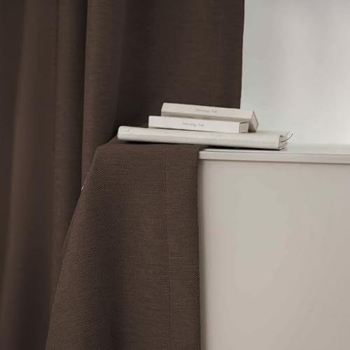 Image of LINENWALAS 100% Blackout Curtains for Window (5 Feet) - Set of 2 Panels, Linen Texture Complete Light Block Heavy Panels, Thermal Insulated & Noise Reducing Room Darkening Curtains (Furniture Brown)