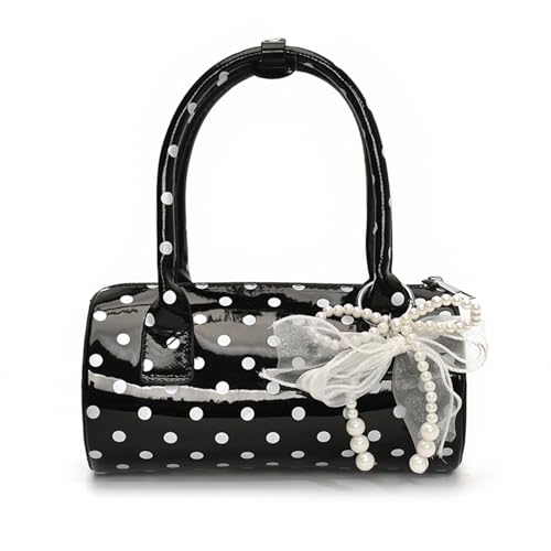 Polka Dot Purse Retro Crossbody Barrel Bag with Pearl Bow Mini PU Leather Top Handle Shoulder Handbag for Women