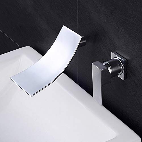 Rubinetto a cascata nascosto a parete in stile europeo interamente in rame a parete per lavabo caldo e freddo rubinetto incorporato, bocca corta a cascata (set di tre pezzi)