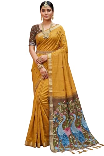 Image of SGF11 Women's Soft Cotton Linen Silk Saree With Unstitched Blouse Piece