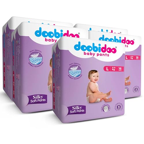 Image of Doobidoo Silky Soft Baby Pants Diapers - Large Size (Pack of 5, 80 Count) - All Round Softness with Bubble soft Top sheet and Anti leak side cuffs (9-14 kgs)