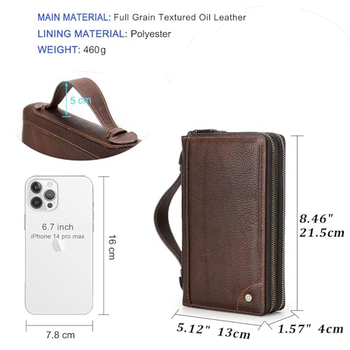 Contacts Full Grain Leather Clutch Bag for Men Anti-Lost Wallet Airtag Purse Travel 18 Cards Organizer Rfid Zipper Phone Wristlet Handbag (Brown)3