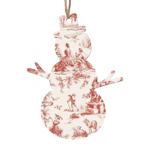 Red French Country Toile Pattern Christmas Wooden Ornaments Wood Hanging Decorations for Christmas Tree Hanging Wood Crafts Holiday Decor Xmas Party Supplies Snowman Shape 4 Pcs