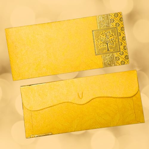 Image of Pack of 25, Rectangle Shape Metallic Paper Shagun Envelopes for Gifting Sagan Lifafa Wedding Occasion Cash Money, 18 X 8 cm, Yellow Color - Gold Tree Design