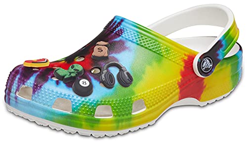 Crocs Unisex-Adult Classic Clog w/Jibbitz Charms 5-Packs, Rainbow Tie Dye Teen Bro, 8 Women/6 Men