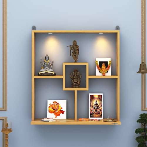 Image of Anikaa Shelly LED Light Wall Mounted Hanging Puja Temple Shelf Stylish Wood God Stand for Pooja Room Mandir Stand for Temple (Giantwood) D.I.Y (Giantwood)