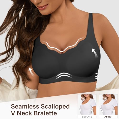 Image of DEANGELMON Bras for Women No Underwire Seamless Wireless Bra Comfort Everyday Scalloped V Neck Bralette