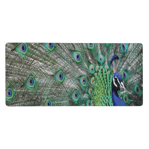 Tapis de souris grand format 40x90cm avec paon deployant ses plumes et base en caoutchouc