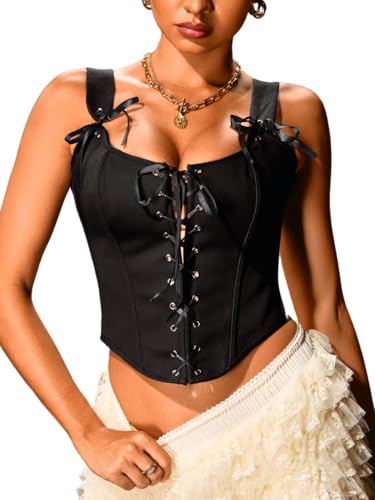 ChiaoLezhee Sexy Renaissance Corset with Straps, Square Neck Front Lace-Up, Vintage Overbust Tops for Women, Black, Medium
